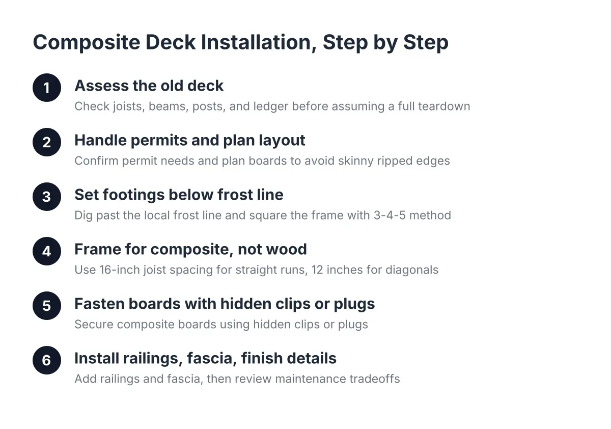 Steps in composite deck installation from frame assessment to finished railings