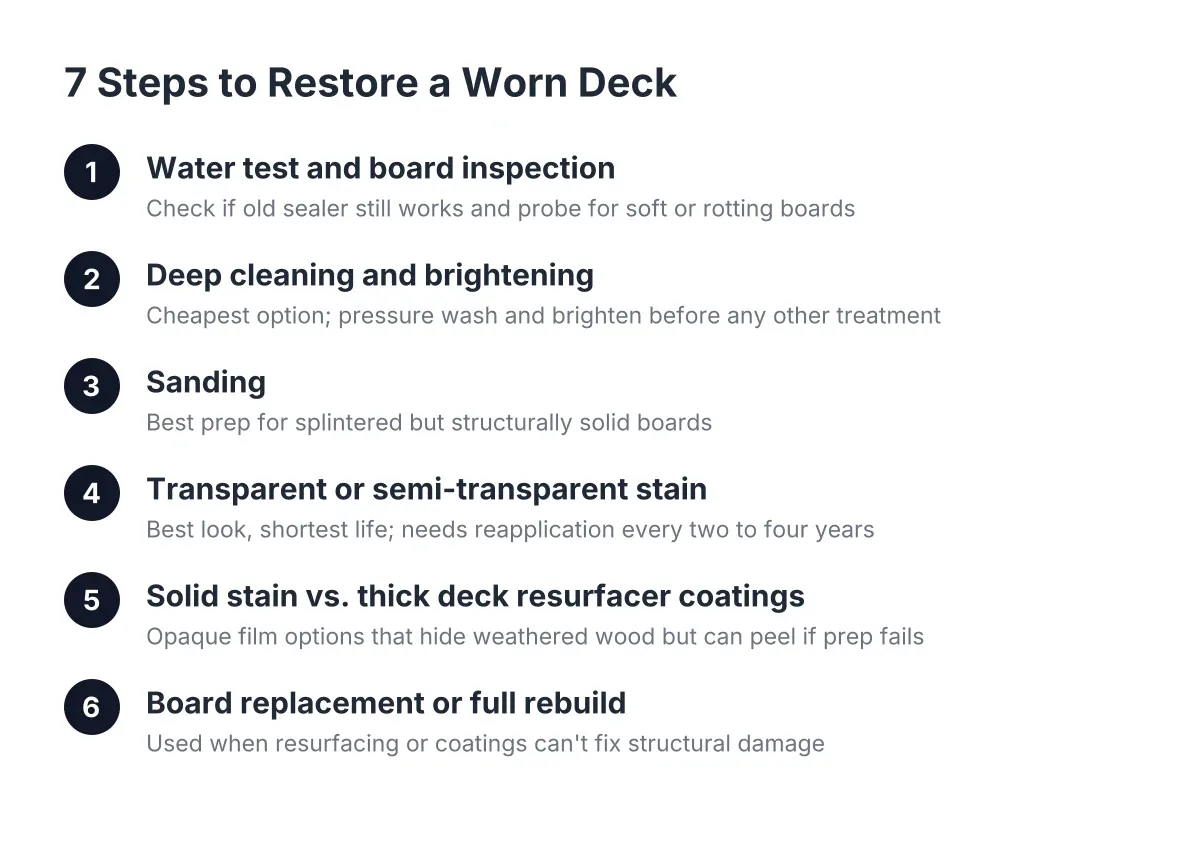 Process diagram showing seven deck resurfacer and restoration steps in order