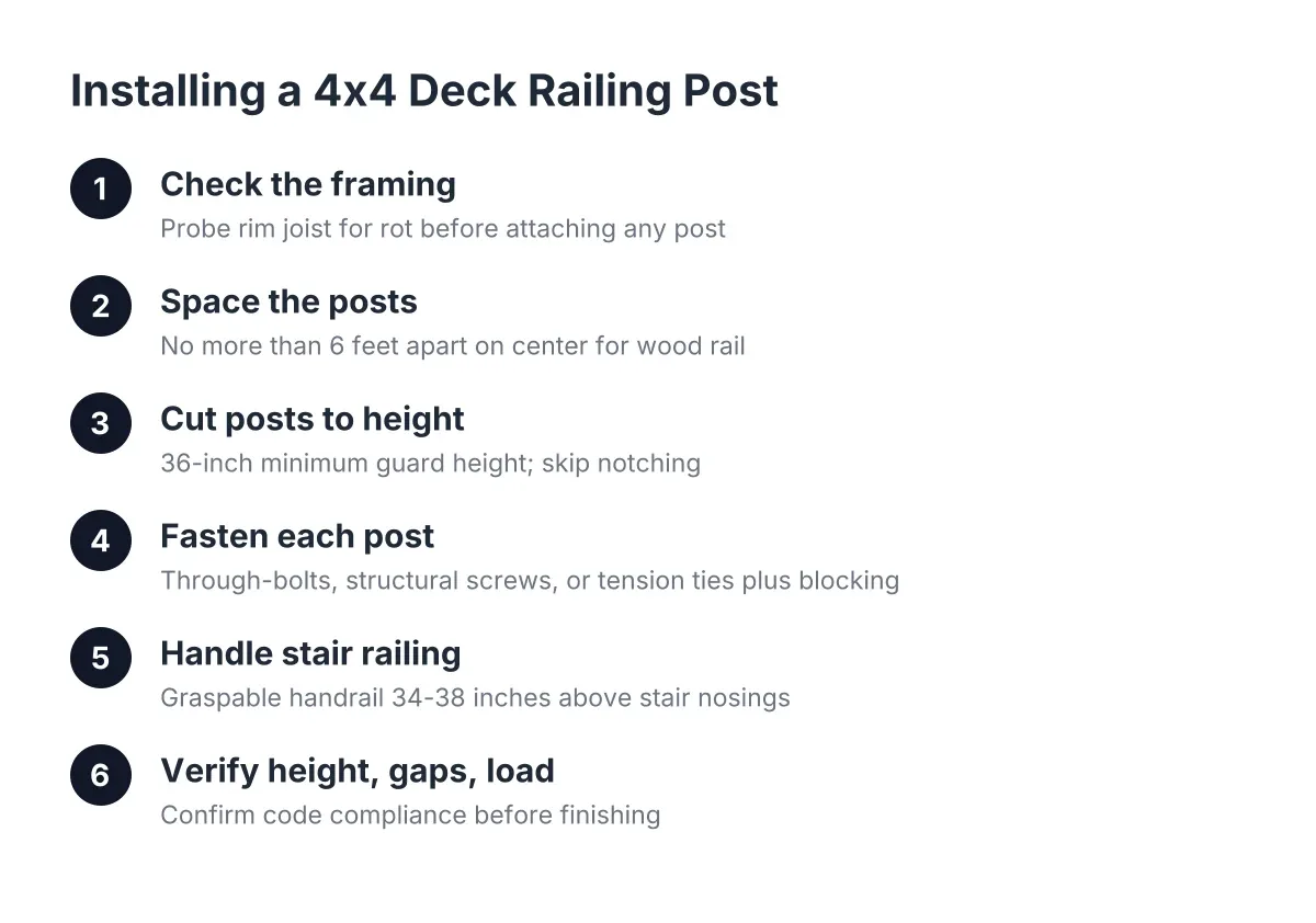 Step diagram showing how to install a 4x4 deck railing post to code