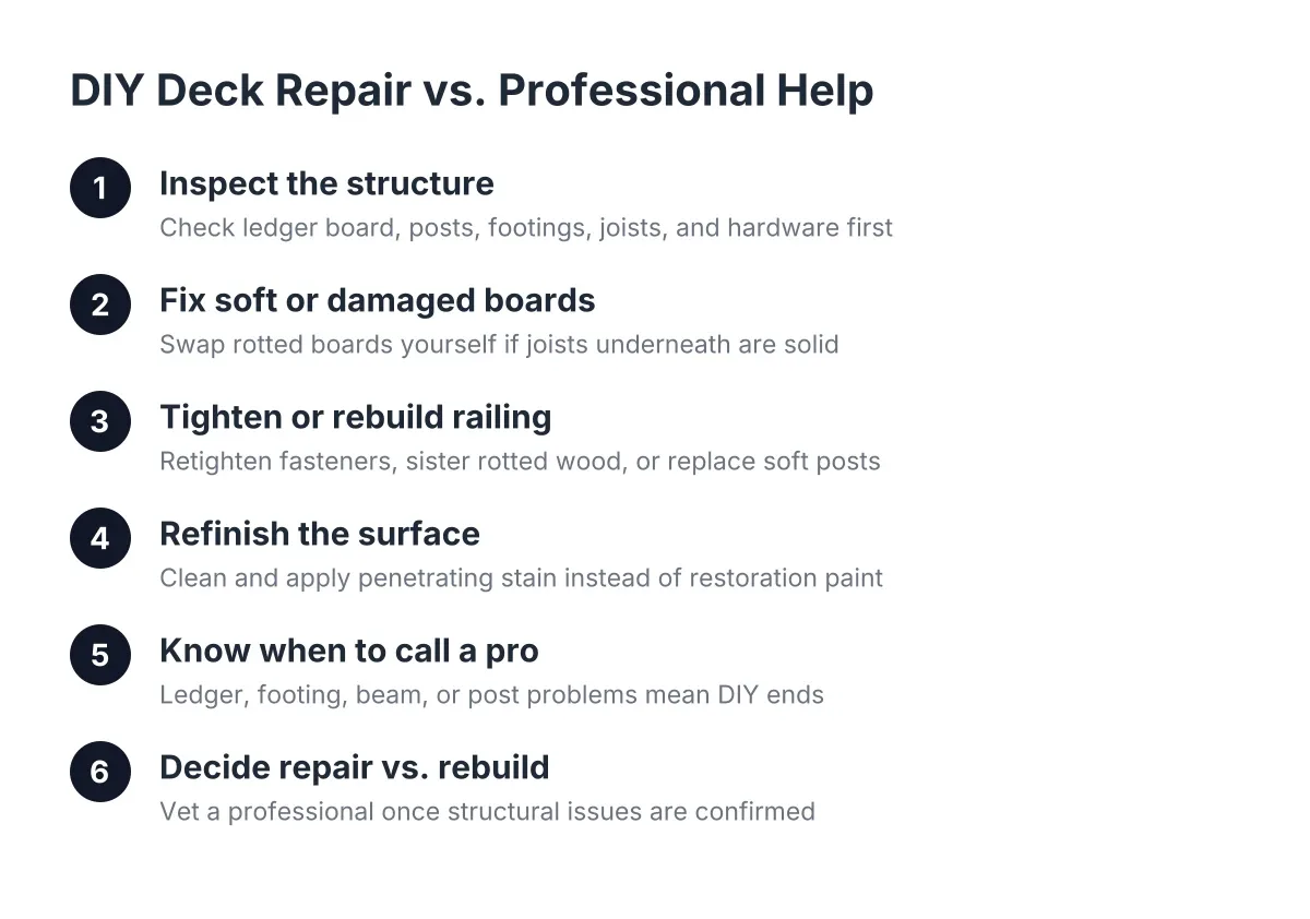 Steps comparing DIY deck repair vs professional help from inspection to hiring a contractor