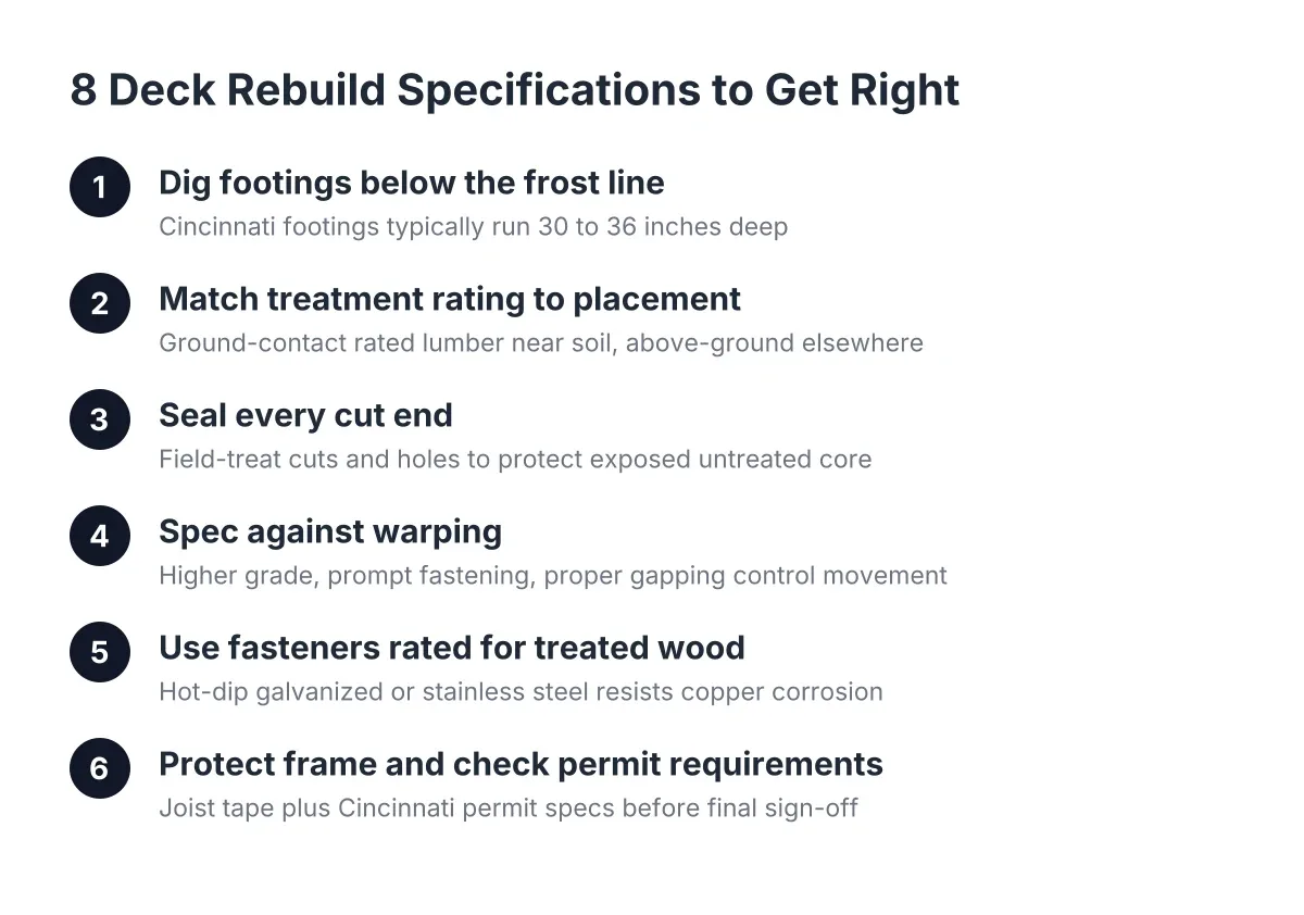 Steps showing deck rebuild specifications for pressure-treated wood in Cincinnati